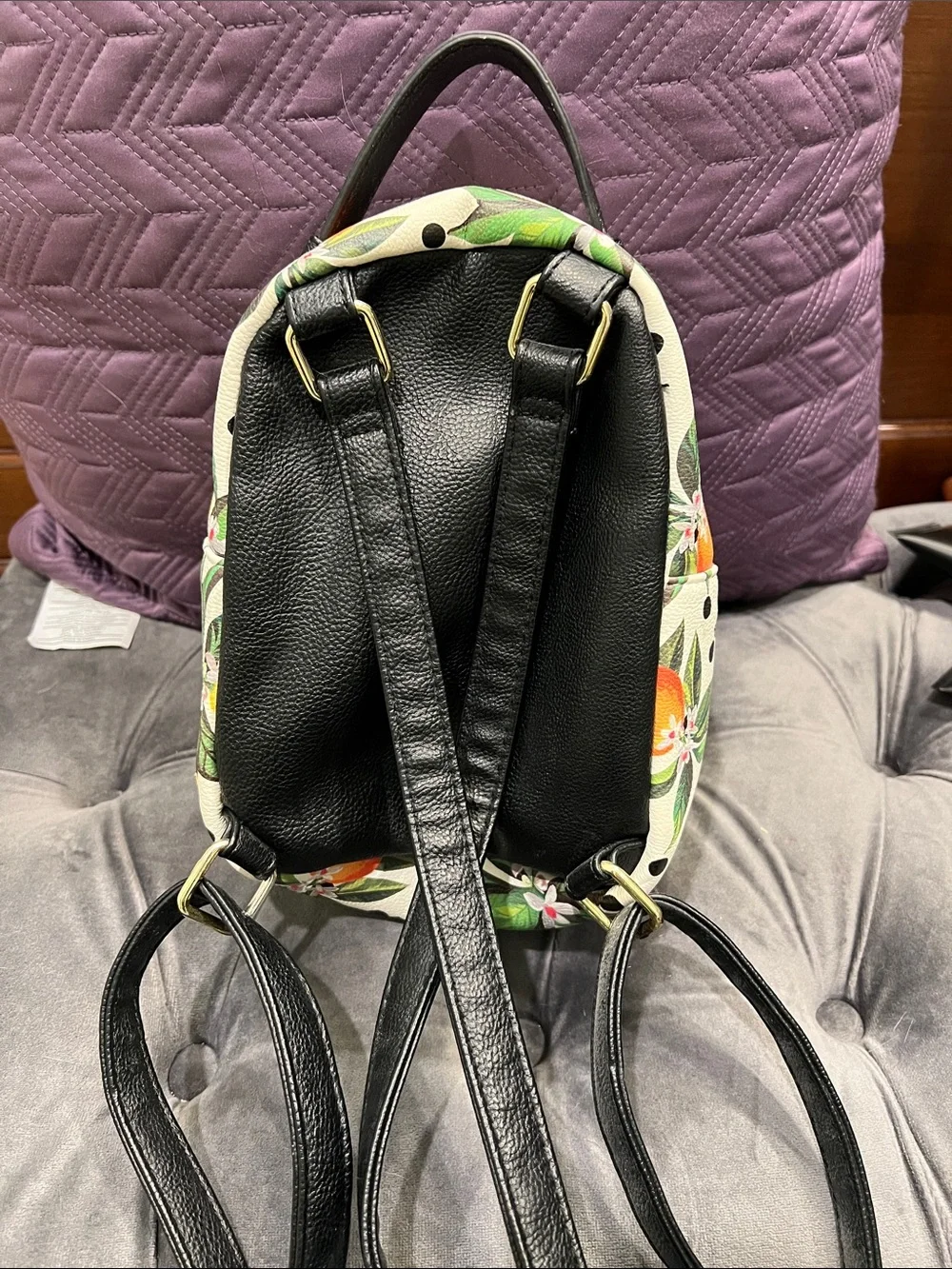 Betsey Johnson White Mini Backpack with Orange Citrus Print and Black Trim